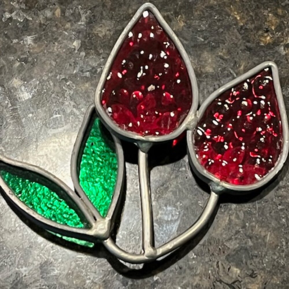 Vintage handmade 70's Strawberries Stain Glass Sun Catcher with Lead frame decor